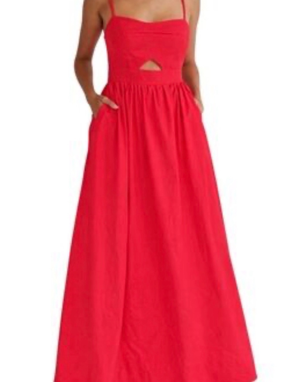 Commense Red Spaghetti-Strap Maxi with Front Keyhole and Pockets